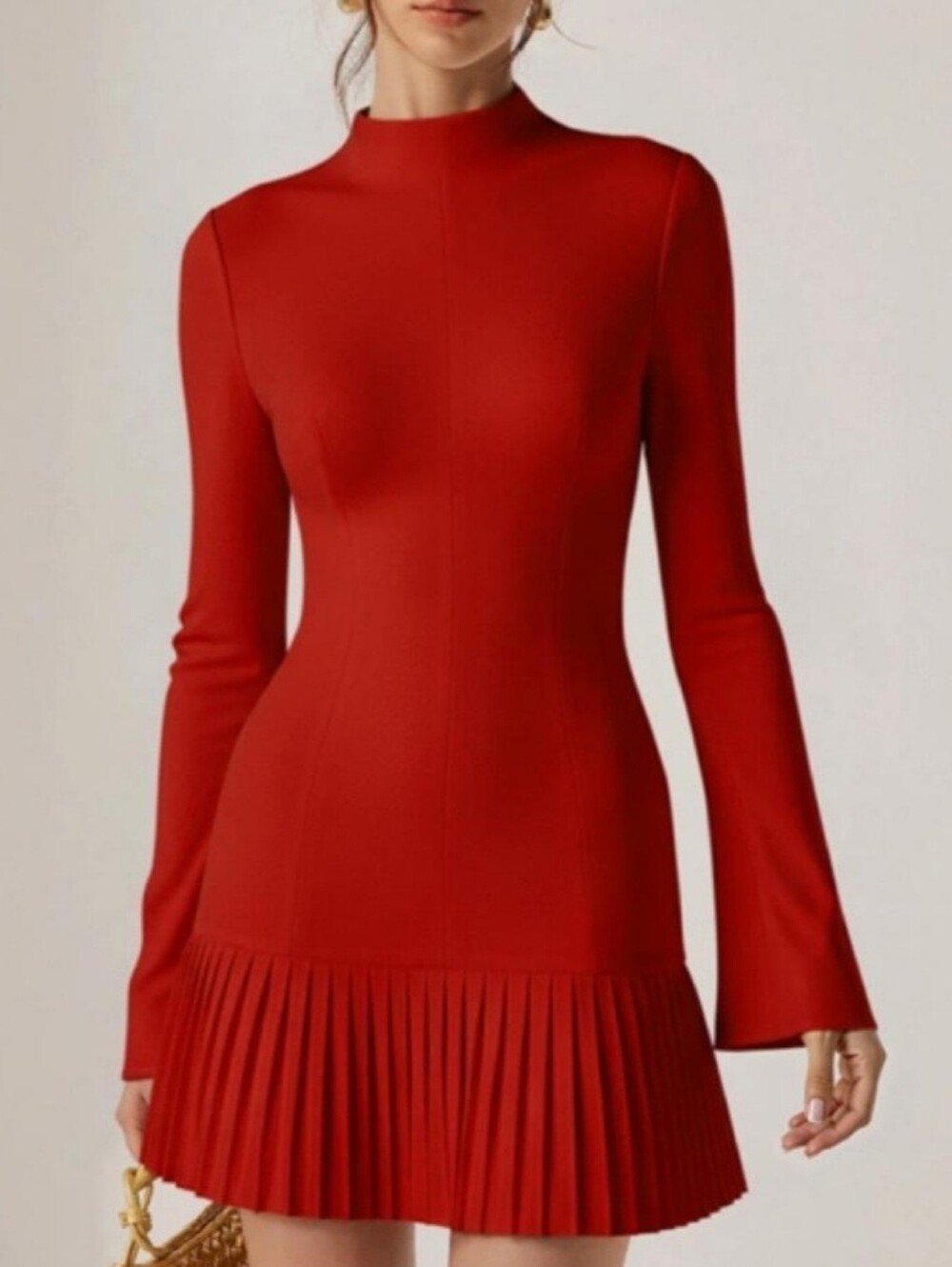 Commense Red Long-Sleeve Pleated-Hem Dress